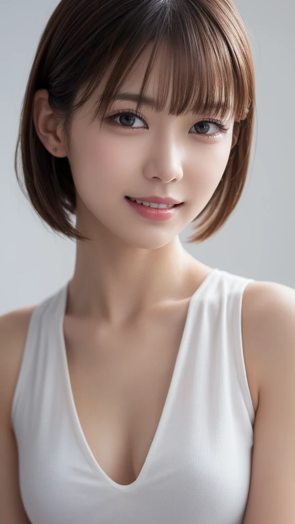 One Girl, (Wear trendy fashion:1.2), (RAW Photos, Highest quality), (Realistic, Realistic:1.4), Tabletop, Very delicate and beautiful, Very detailed, 2k wallpaper, wonderful, In detail, Very detailedな CG Unity 8K 壁紙, Very detailedな, High resolution, Soft Light, Beautiful detailed, Looking into the camera、Very detailedな目と顔, Beautiful and detailed nose, Beautiful details, short hair, small, Black suit and white shirt、White Background、Background is white、Cinema Lighting, Perfect Anatomy, Slender body, smile,