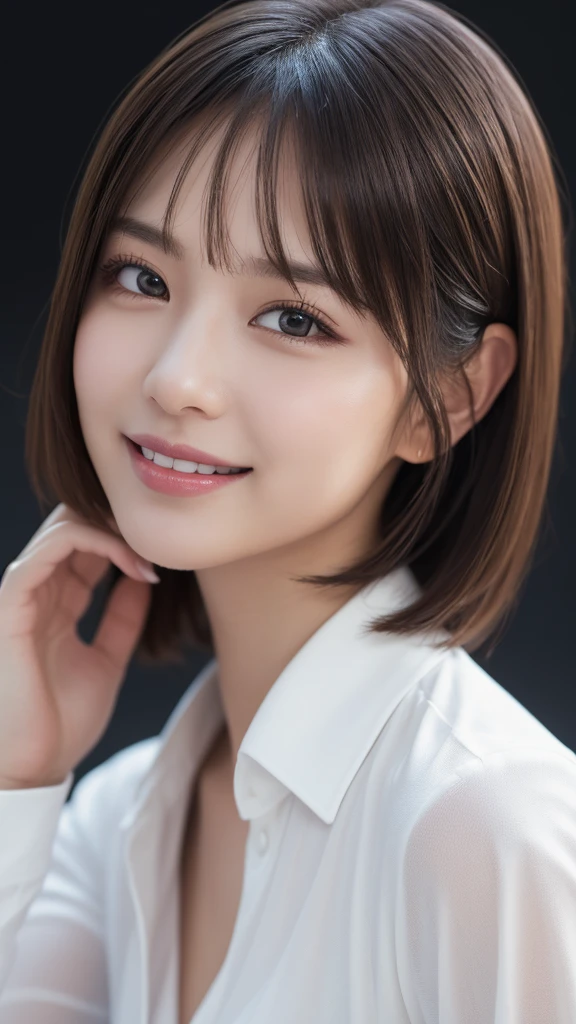 One Girl, (Wear trendy fashion:1.2), (RAW Photos, Highest quality), (Realistic, Realistic:1.4), Tabletop, Very delicate and beautiful, Very detailed, 2k wallpaper, wonderful, In detail, Very detailedな CG Unity 8K 壁紙, Very detailedな, High resolution, Soft Light, Beautiful detailed, Looking into the camera、Very detailedな目と顔, Beautiful and detailed nose, Beautiful details, short hair, small, Black suit and white shirt、White Background、Background is white、Cinema Lighting, Perfect Anatomy, Slender body, smile,