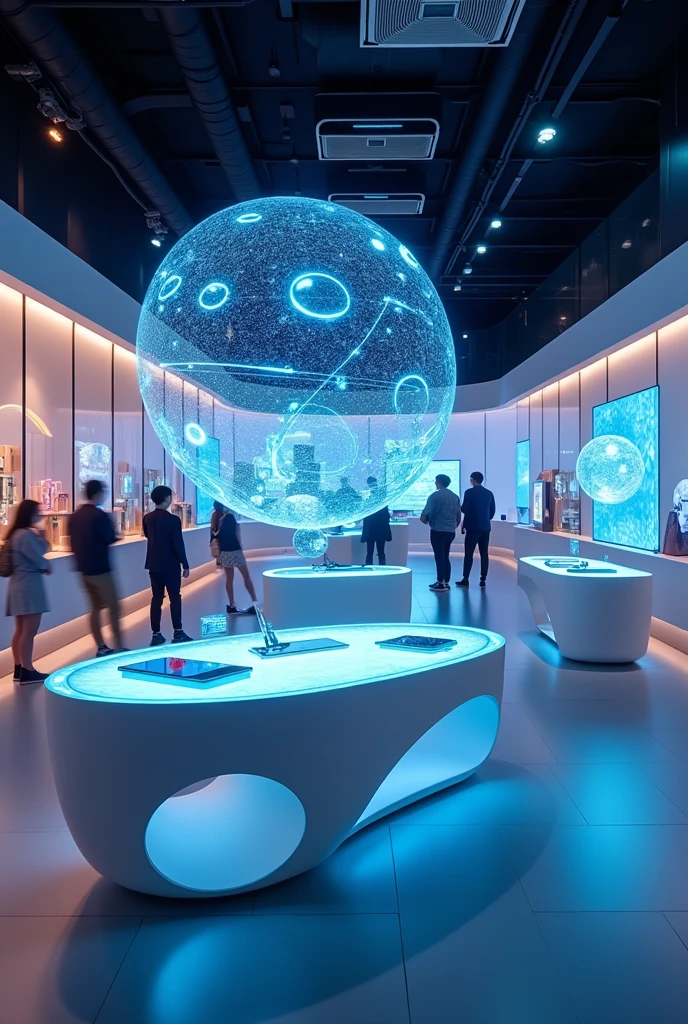 futuristic sales counter in a high-tech showroom, presenting the latest gadgets to customers."