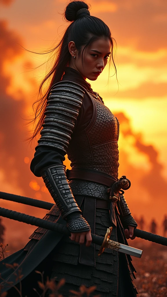 ((Japan Female Samurai),battlefield,Dynamic poses,Upper body portrait、Long Sword,armor,Burning Sky,Crazy details,Intricate details,high resolution,8K,((Anatomically correct))