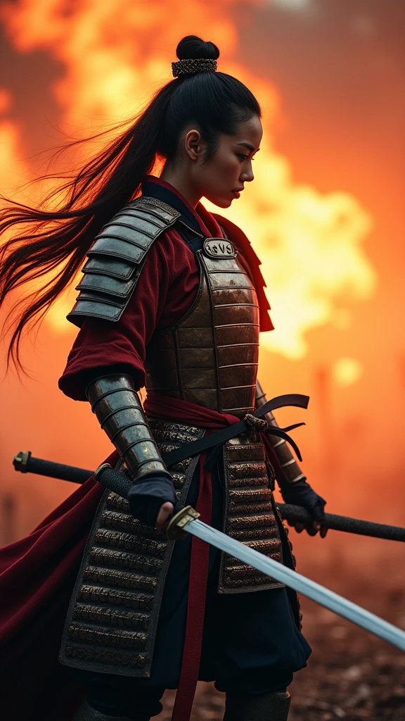 ((Japan Female Samurai)，battlefield，Dynamic poses，Upper body portrait、Long Sword，armor，Burning Sky，Crazy details，Intricate details，high resolution，8K，((Anatomically correct))