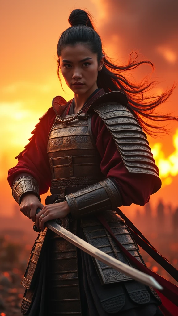 ((Japan Female Samurai)，battlefield，Dynamic poses，Upper body portrait、Long Sword，armor，Burning Sky，Crazy details，Intricate details，high resolution，8K，((Anatomically correct))