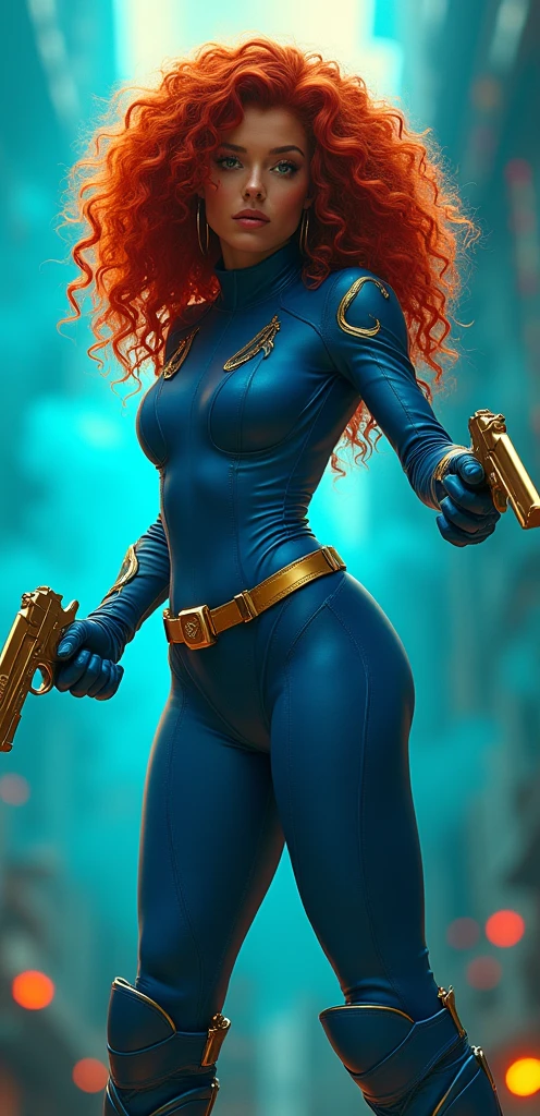 In this fascinating picture, The protagonist exudes confidence and authority, Her curly red hair contrasted beautifully with her sleek blue suit with gold embellishments., Comes with gloves and boots,Gives a sense of unity. She held two pistols tightly in her hands., As she surveyed the dynamic background with a determined gaze,Their metal surfaces and handles gleam in the light.. The colors behind her are brilliant, Mainly blue and green, Increases overall vitality and dynamism, A world reminiscent of a comic book or video game,She plays a powerful superhero there, , Retina, precise, masterpiece, Super Detail, High Detail, best quality, The award-winning, high resolution, HD, 4K, 8K, 16K, Retina, precise, masterpiece, Anatomically correct, Textured Skin, Super Detail, high quality, The award-winning, high resolution, 8K, 16K