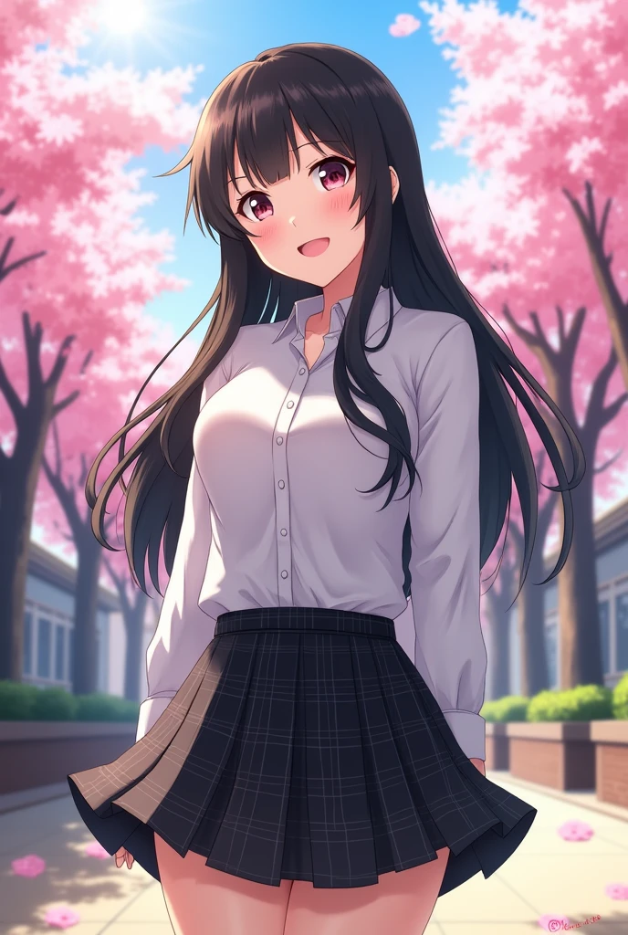 Smiling Japanese high school girl with straight black hair。
Please increase your bust size。
The uniform is a white shirt。
The miniskirt is checkered and all black.。
The length of the hair is very long。
Nogizaka46-ish 。
A painting that looks like a photograph