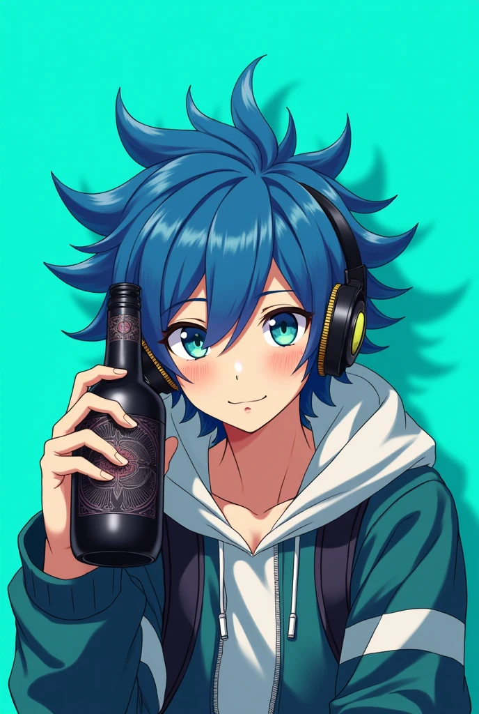 Anime boy with headphones and a bottle with a turquoise background, the bottle is darker and the boy is bigger