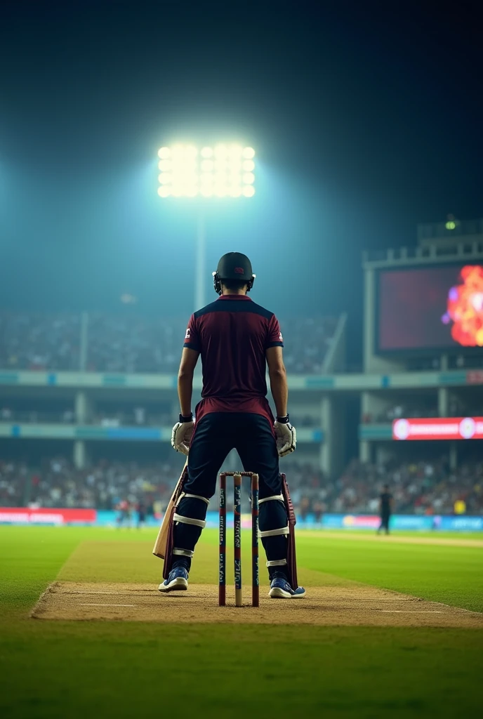 Create an image of a cricket tournament with a batter in a background with floodlight