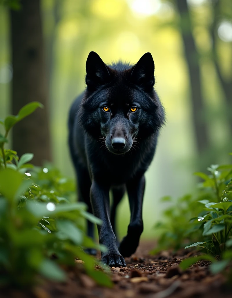 (((masterpiece))), (((Highest quality))), ((Very detailed)), (photograph), (photo:1.2) of a black wolf in search of his next prey, careful and scrupulous expression, forest background, motion blur, cinematic action angle, cinematic angle, cinematic perspective, action shot, action perspective. intricate details