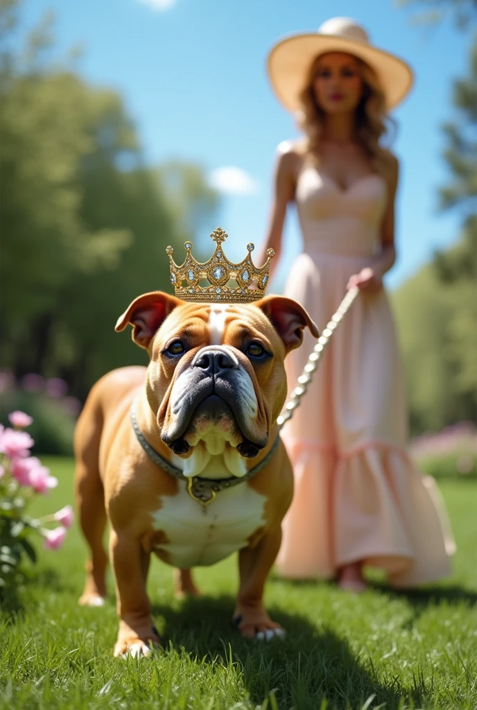 Bulldog dog wearing a crown is tied with a leash to a lady behind 