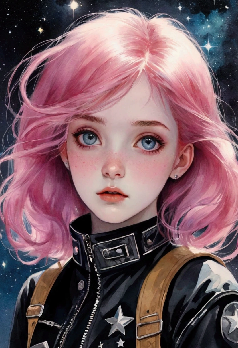 (masterpiece),(best quality:1.1),Best Illustration,Fine details,(Watercolor)floating,1 Girl,Solitary,,Slim,Beautiful face,beautiful eyes,Pink Hair,(Messy hair),(Wearing a heavy metal punk style outfit ),weak,Official Art, Matte tinting, 1970s, psychic, nebula,(Stars), Meteor Showers,((Inspired by: André Masson)),
