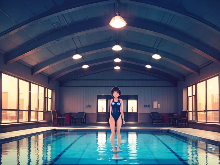 One Woman、pool, whte swimsuit, short skrt, transparent texture, buzzer, hotel,