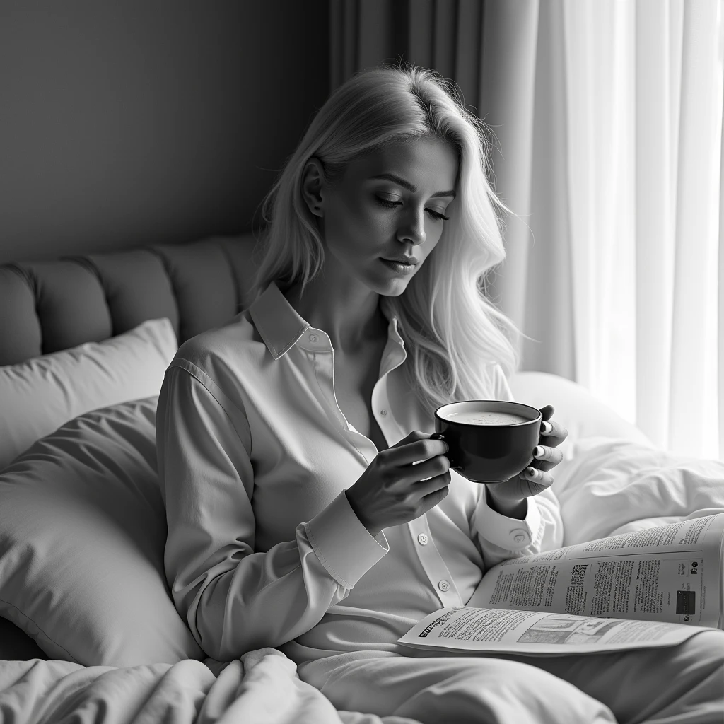 The image captures a serene and sophisticated moment of a woman enjoying a cup of coffee in bed. She is depicted in a relaxed yet elegant pose, partially dressed in an unbuttoned white shirt that drapes softly around her. Her long platinum blonde hair flows gently across her shoulders, enhancing her graceful demeanor. She is attentively looking at her coffee cup, lost in a moment of tranquility. The scene is complemented by a newspaper spread out beside her, suggesting a quiet morning filled with leisure and reflection. The photograph is rendered in black and white, which adds a timeless quality to this intimate snapshot of everyday elegance