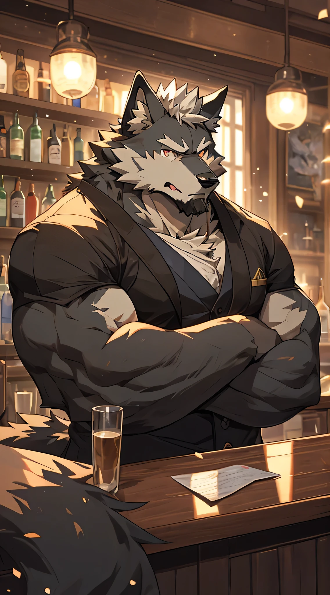 masterpiece, best quality, 8K resolution, Very detailed, hairy, Perfect anatomical structure, Light Particles,black Wolf, solitary, Vertical pupil,Eye, Strong, (Eye anthro wolf):1.3, (Black fur 1.4), White belly, Fur, Delicate Eye, Wolf tail, ((portrait)), , (Delicate Eye, 金Eye, Bright Eye):1.1, The Art of Mathematics, masterpiece, Anime style, shabby, muscular, uncle, Messy beard, middle aged, old, pub, pubtender