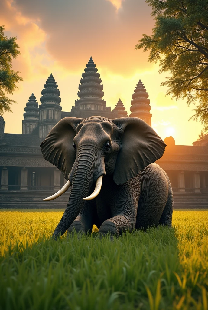 Give me this type of same pic but elephant is sitting down and there was a temple in background