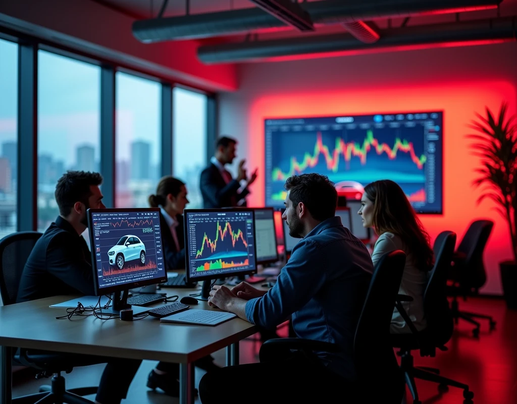 An office with large windows, a lot of light, people analyzing market data and products and product price charts and images of cars. Let the red color predominate and have clear lights 