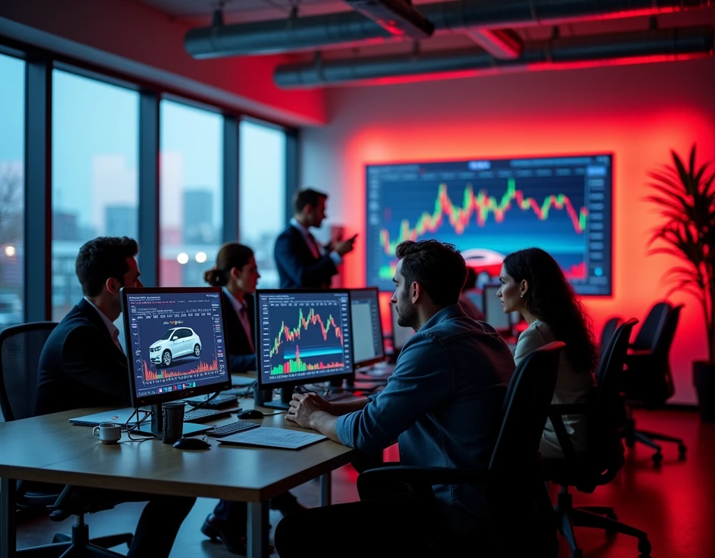 An office with large windows, a lot of light, people analyzing market data and products and product price charts and images of cars. Let the red color predominate and have clear lights