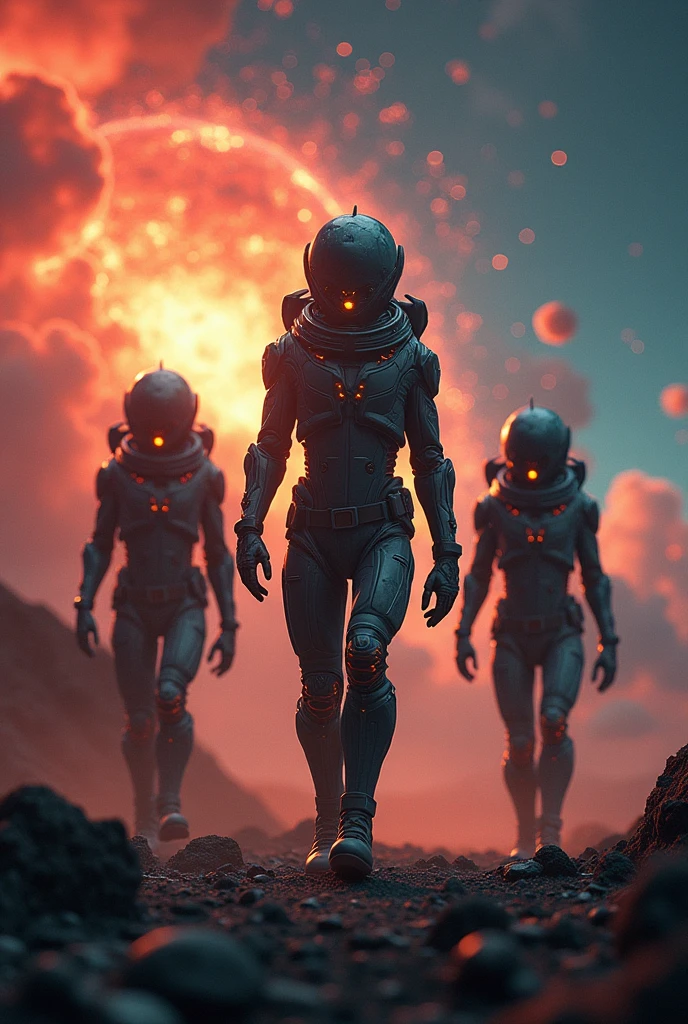 Aliens in the dark universe wearing the most advanced alien spacecraft technology, Unique Alien, Wearing orange rivets, High-tech spacesuit, Depicts walking through a colorful space environment. Rich colors from red to blue, From green to purple, Embodying the wonders of the universe surrounding space travelers. When a huge supernova explodes，People saw a misty mixture of various colors, Release huge energy in the background. This magnificent astronomical event，With fiery filaments and pulsating light，Illuminating the wonders of the infinite universe, Casting a magnificent light，Illuminate the whole panorama. This mesmerizing view celebrates the stunning beauty and mystery of space.