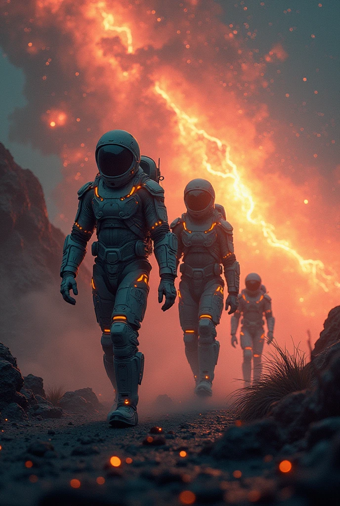 Aliens in the dark universe wearing the most advanced alien spacecraft technology, Unique Alien, Wearing orange rivets, High-tech spacesuit, Depicts walking through a colorful space environment. Rich colors from red to blue, From green to purple, Embodying the wonders of the universe surrounding space travelers. When a huge supernova explodes,People saw a misty mixture of various colors, Release huge energy in the background. This magnificent astronomical event,With fiery filaments and pulsating light,Illuminating the wonders of the infinite universe, Casting a magnificent light,Illuminate the whole panorama. This mesmerizing view celebrates the stunning beauty and mystery of space.
