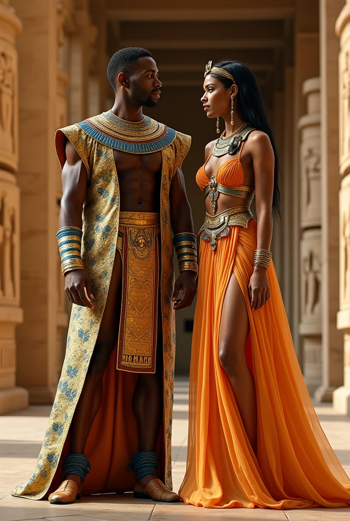 A pharaoh in clothing characteristic of the luxurious Egyptian era wearing a neme mixed with the modern formal clothes of a businessman together with his wife in the Cleopatra style with her characteristic clothing mixed with a modern 21st century long dress