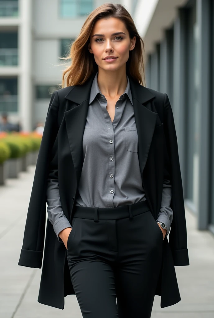Women uniform with black pants grey full sleeve shirt and black overcoat it should end from shoulder 