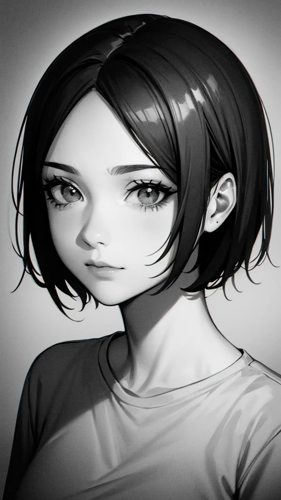 1 woman, alone, monochrome, grayscale, black short hair, portrait, t-shirt, closed mouth, looking at viewer, sketch, graphite \(middle\), small lips, hatching \(group\), Without makeup, forehead, upper body, (best illustration), (best quality), (very detailed), (masterpiece),