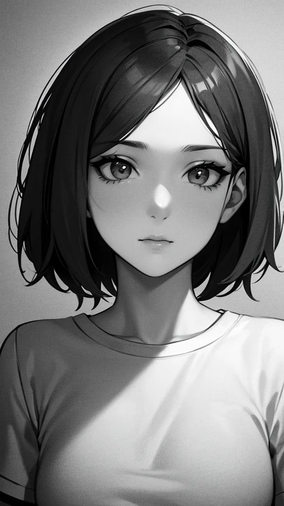 1 woman, alone, monochrome, grayscale, black short hair, portrait, t-shirt, closed mouth, looking at viewer, sketch, graphite \(middle\), small lips, hatching \(group\), Without makeup, forehead, upper body, (best illustration), (best quality), (very detailed), (masterpiece),