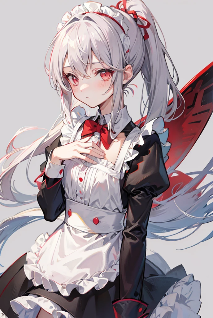 One person, Long Hair, High resolution, chest, Blushing, Simple Background, accurate, Highest quality, Gray Hair, ponytail, Red face, Maid outfit anatomically correct,