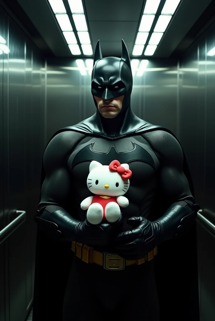 Batman in the  mirror lift holding the hello kitty,closed image