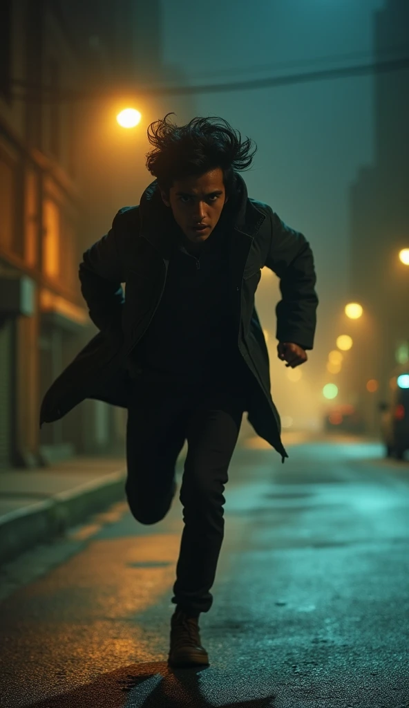 Akash Running in Panic
Akash is shown running frantically down the street, looking back over his shoulder in terror. Behind him, the shadowy figure still follows, slightly more defined now but still shrouded in mystery. The streetlights blur as he runs, creating a sense of motion and urgency.