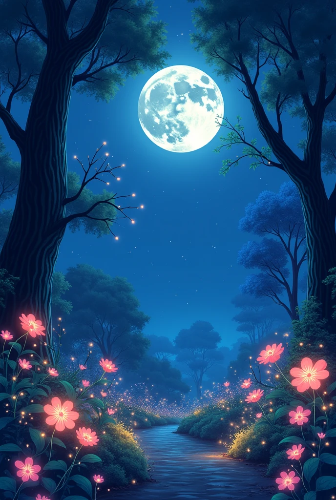 Viral anime nature wallpaper in 4K quality, in the style of digital illustration inspired by Naoko Takeuchi, depicting a magical forest at midnight with glowing flowers, fairy lights, and an ethereal moon casting a soft glow; cool and mystical color temperature, cosmos lighting with stars twinkling in the sky, no human characters, the atmosphere is enchanting and serene –v 5 –stylize 1000