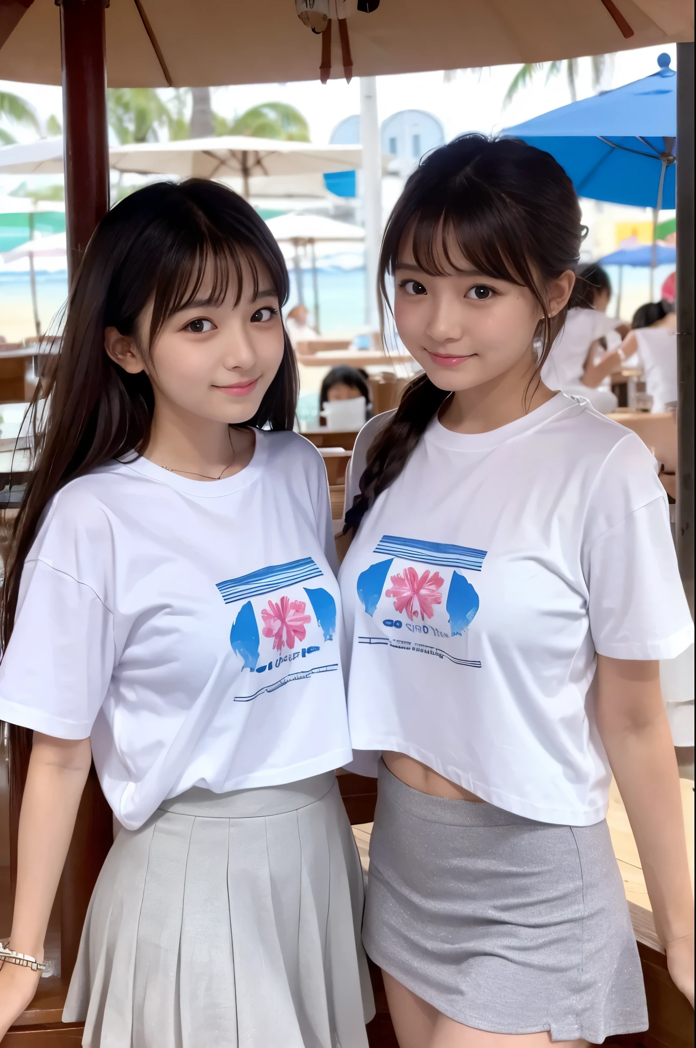 (masterpiece, realistic, photo-realistic:1.2), finely detail, ultra high res, perfect anatomy, best quality, 8K, soft focus, (happy smile:1.2), (2girls side by side, 16yo Japanese short girls, nsfw, T-shirt, short pants:1.2), upper body shot, focus on breasts, (black straight hair, short hair, blunt bangs:1.2), beautiful detailed face and big eyes, (glowing fair skin:1.2), (pointed huge breasts, gigantic breasts:1.2), (bloom, awesome detailed square pool:1.2),