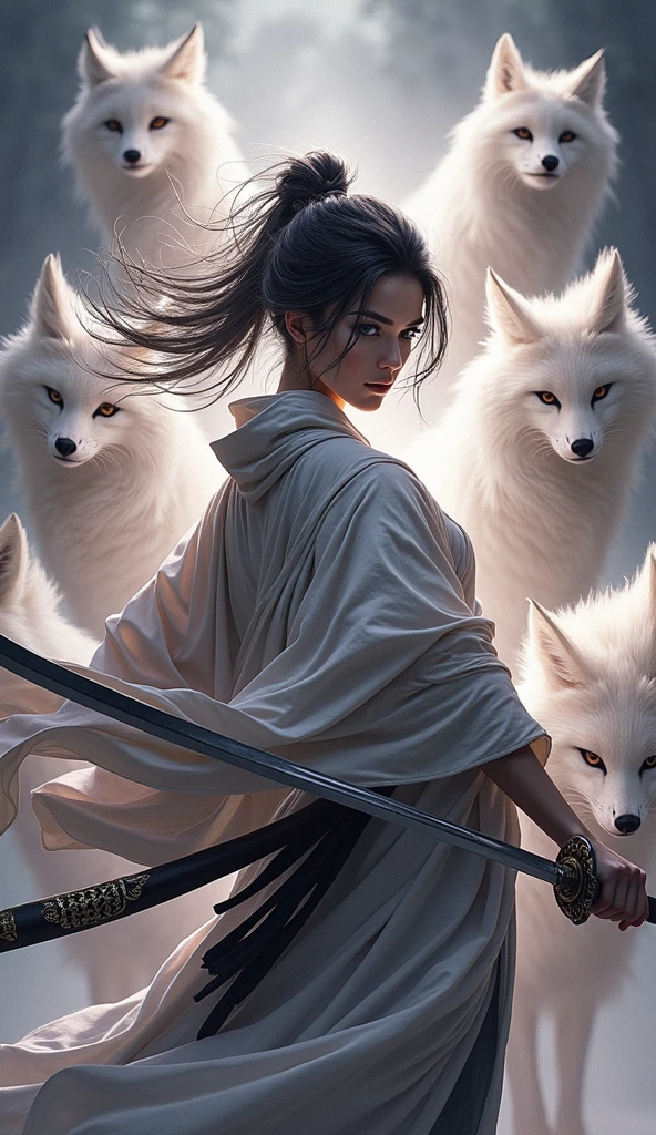 Mysterious warrior woman (Miyamoto Musashi) Wielding a Japanese sword, Every powerful blow will、Shrouded in fog，Blurred vision, Presenting a vivid and otherworldly scene, In the hazy background，The sword&#39;s strike is very clear, Mysterious Background, The sharp eyes of the white fox and the viewer., A misty haze covers the foreground, punching, Clear eyes, Exquisite kimono, Dramatic lighting and colors