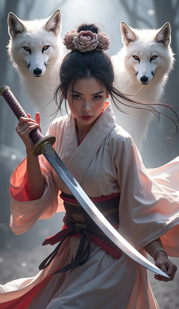 Mysterious warrior woman (Miyamoto Musashi) Wielding a Japanese sword, Every powerful blow will、Shrouded in fog,Blurred vision, Presenting a vivid and otherworldly scene, In the hazy background,The sword's strike is very clear, Mysterious Background, The sharp eyes of the white fox and the viewer., A misty haze covers the foreground, punching, Clear eyes, Exquisite kimono, Dramatic lighting and colors