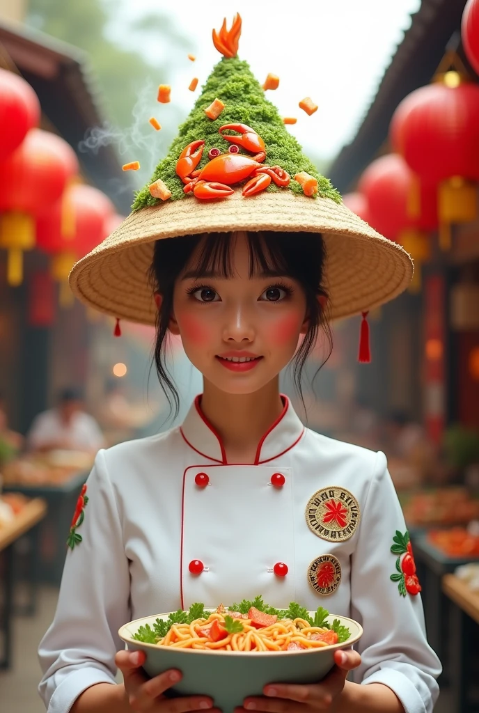 Draw a conical hat shaped like a bowl of crab noodle soup