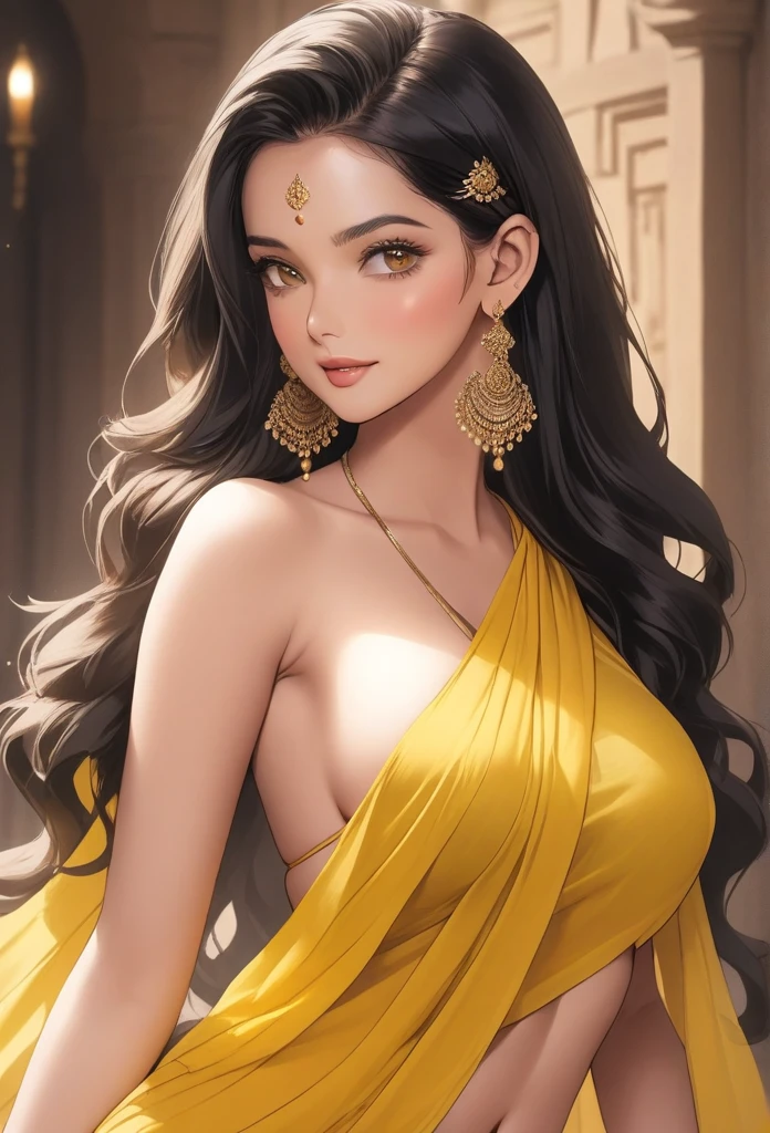 Renowned actress at the age of 28 wearing a provocative yellow saree braless, long hair , saggy medium breasts ,makeup, beautiful, alluring,long oversized hoops earrings