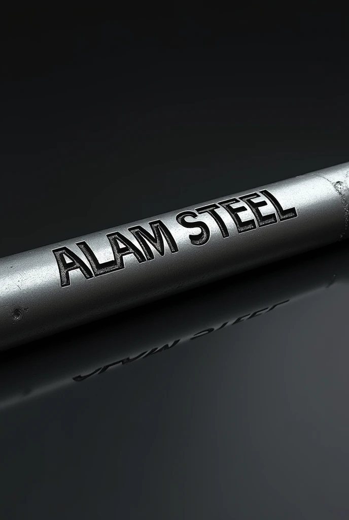 A high-resolution image of a steel rebar with ribs with the text "ALAM STEEL" embossed along its length in bold, industrial-style lettering. The rebar should be displayed with detailed textures and shading, showcasing its metallic sheen. Ensure the text "ALAM STEEL" is prominently visible and integrated seamlessly into the design of the rebar.