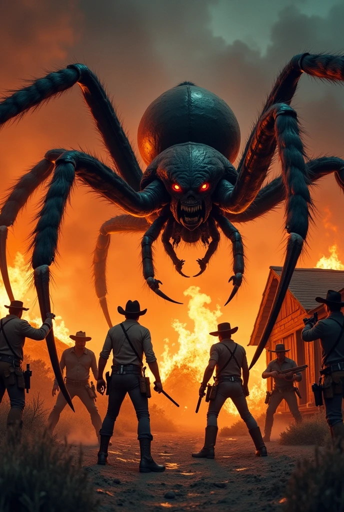 A giant spider kills a group of cowboys in a burning cabin, the cowboys have guns and knives for protection 