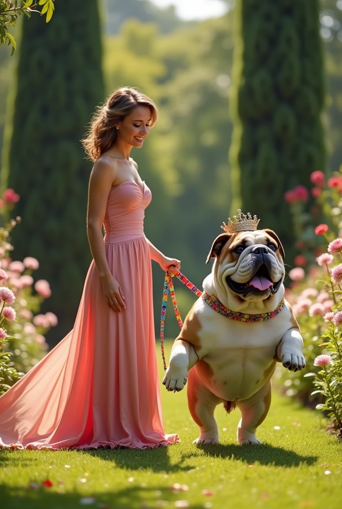 Bulldog dog with one paw forward and wearing a crown tied with a leash to a lady behind