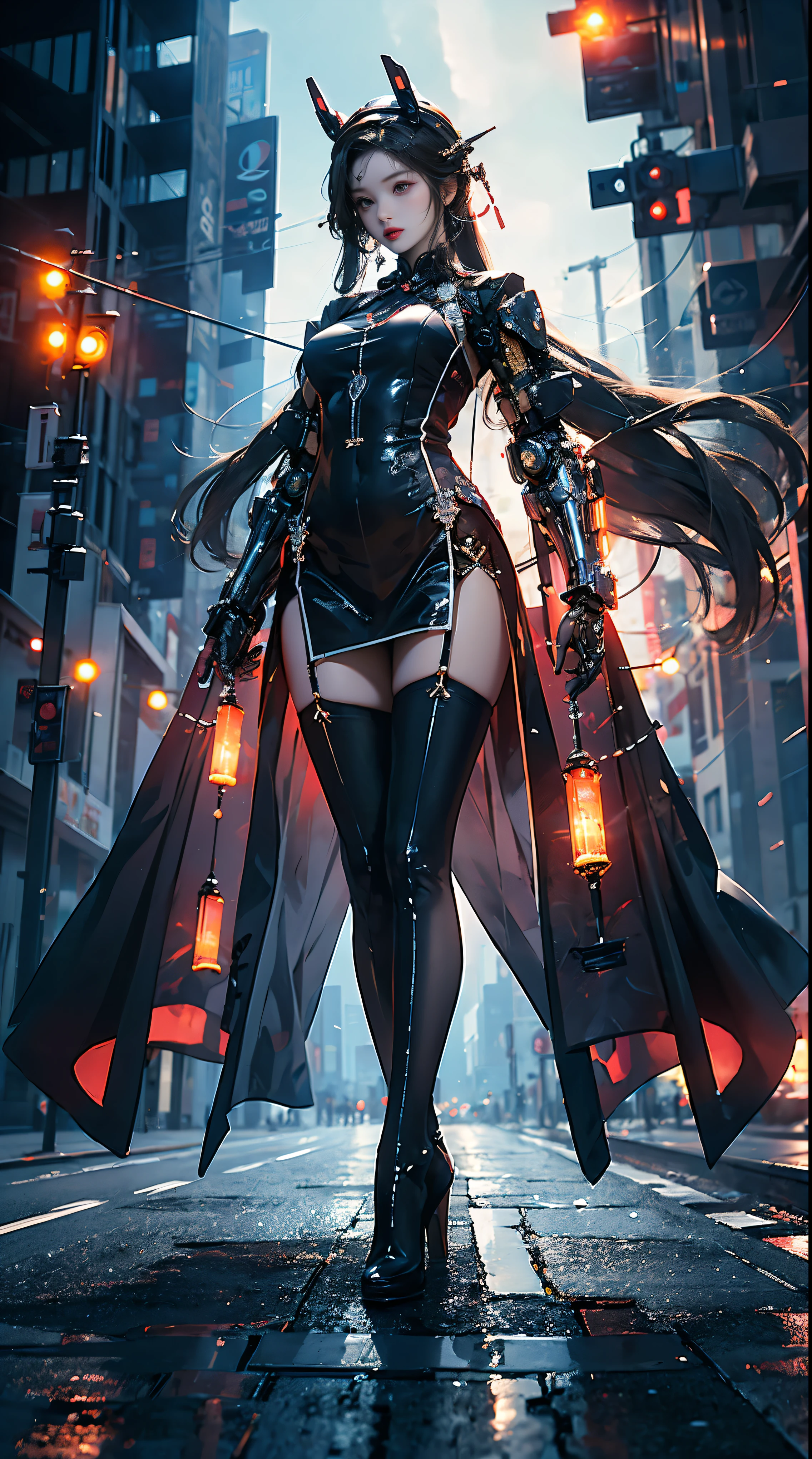 Masterpiece, best quality, high resolution, one woman, from below, very thin and straight legs, very long legs, straight legs, high heels, long legs, perfect body with perfect legs, front view showing long legs, perfect body, exterior, telegraph slang, dynamic pose, exquisite eyes, brown eyes, eye shadow, wearing makeup, long blonde hair, detailed face, detailed eyes, looking at viewer, blusher (wearing makeup), plump lips, red lips, long gray hair (1.3), mechanically static, summon mech, headdress (1.1), headgear, dressed like a student in , black lace stockings, stocking suspenders, city, luminous winding, with a gun in hand, weapon, completely mechanical and futuristic elements, technology, background is modern New York City streets with cars passing by, sky, slim (1.2), dramatic lighting, vivid details.