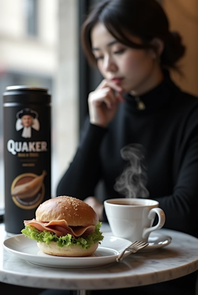 a ham and lettuce bun, A person in black and white sitting with a coffee and in the background a Quaker package on the street. Minimalist for a coffee shop logo