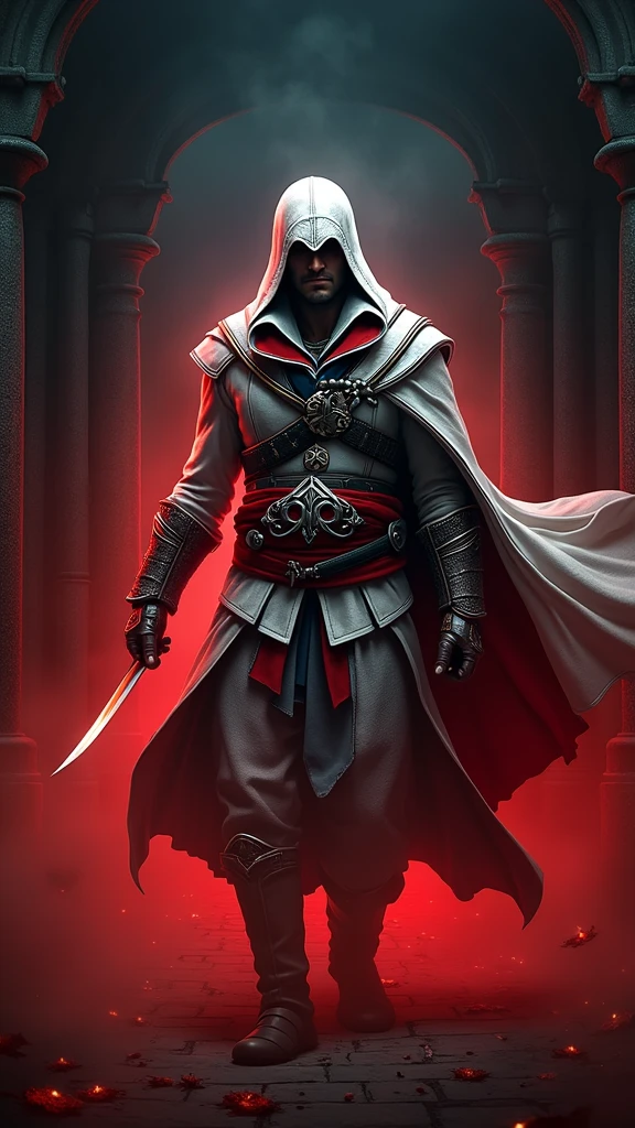 Ezio Auditore emerging from the fog, In front of the camera:1.4, Un Very detailed, 《assassin》中的一名assassin的电影插图'Creed Universe:1.4, He wore a striking white hooded cape,Wearing a hidden sword, Facing a bad temper, Atmospheric background, Dramatic Lighting, Complex and ornate architecture, Reality, The art of math, Concept art style quality\(8K,Extremely detailed CG unit wallpaper, masterpiece,high resolution,Top quality,Top quality real texture skin,Surrealism,提high resolution,RAW photos,Best quality,Very detailed,wallpaper, Movie Lighting,Ray Tracing,Golden Ratio\), rest