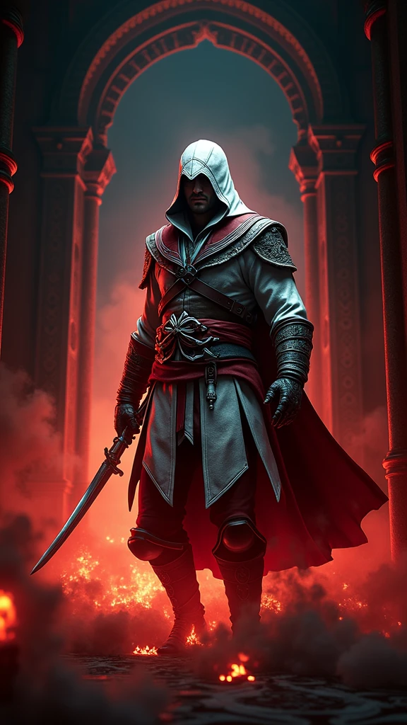 Ezio Auditore emerging from the fog, In front of the camera:1.4, Un Very detailed, 《assassin》中的一名assassin的电影插图'Creed Universe:1.4, He wore a striking white hooded cape,Wearing a hidden sword, Facing a bad temper, Atmospheric background, Dramatic Lighting, Complex and ornate architecture, Reality, The art of math, Concept art style quality\(8K,Extremely detailed CG unit wallpaper, masterpiece,high resolution,Top quality,Top quality real texture skin,Surrealism,提high resolution,RAW photos,Best quality,Very detailed,wallpaper, Movie Lighting,Ray Tracing,Golden Ratio\), rest