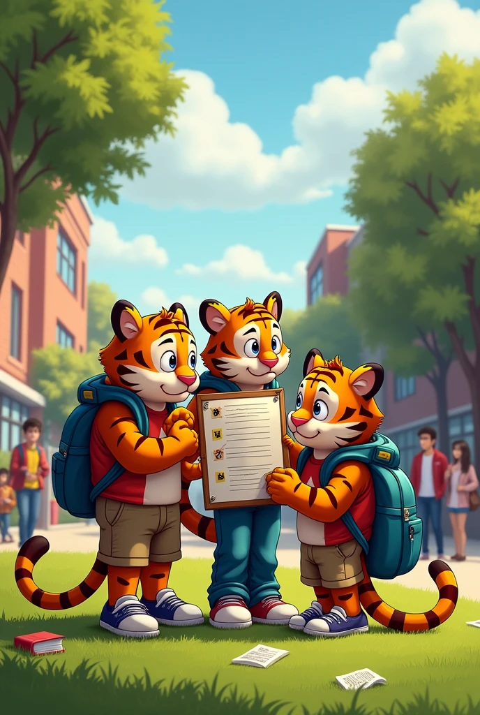 Create a group of young Tigers who are in college and see an exam notice with faces of  concern.