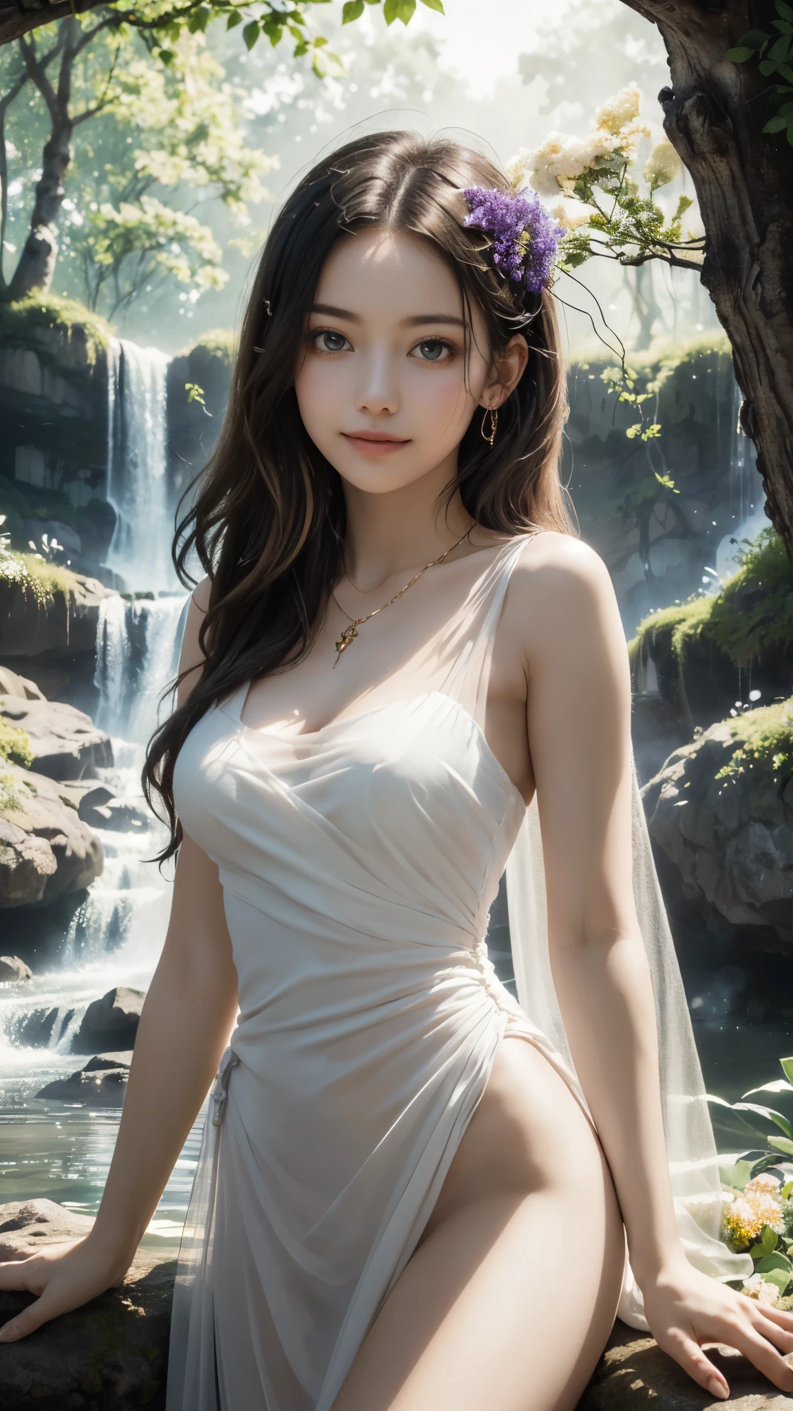1girl, (solo:1.4), standing, in the park, draped (see-through:1.2) white dress, opulent golden-trim, detailed face, (looking at viewer:1.8), (cute:1.8), (breasts:1.2), delicate crystal necklace, waterfalls, surrounded by lush, vibrant greenery, blooming flowers, and softly glowing light, gentle smile, alluring peaceful posture, warm sunlight filtering through trees, ((soft, diffused lighting, high bloom, glowing light, soft highlights, radiant aura, overexposed edges, dreamy illumination, hazy glow, ethereal light:1.4), (subtle light flares:1.2), tranquil setting, vibrant colors, surreal, heavenly vibe, paradise-like environment, detailed textures, relaxing mood, medium wide shot, close-up shot,