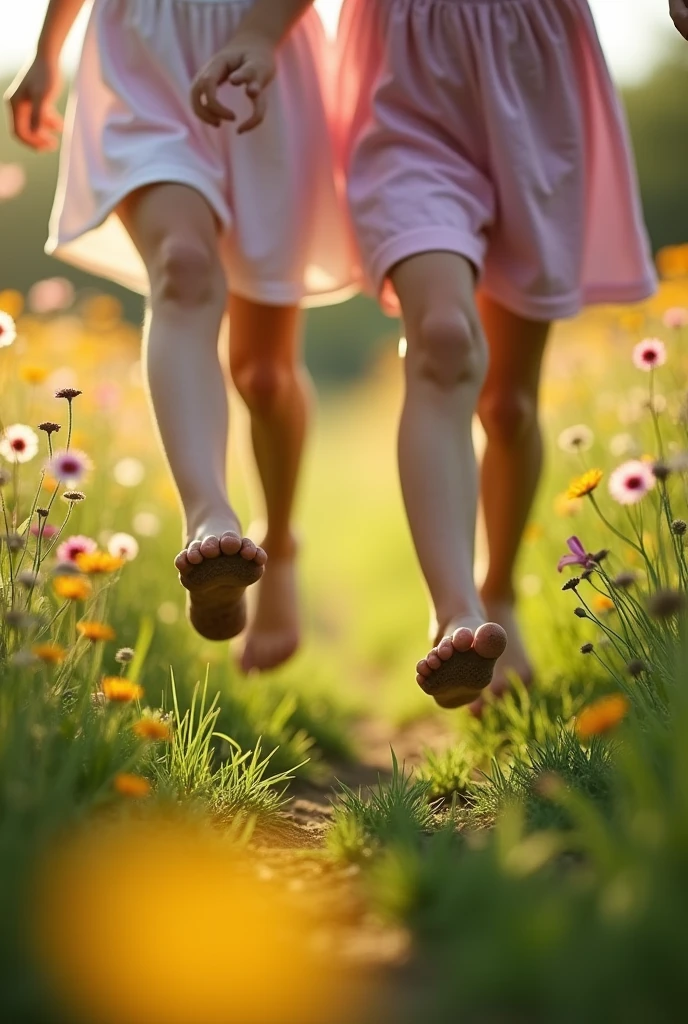 Two girls running, only their feet are visible, their dirty bare feet