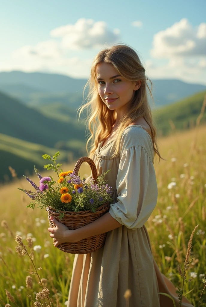 A young shepherdess dressed simply, Rustic costumes, Holding a small basket of flowers or herbs, Symbolizes her connection with nature.