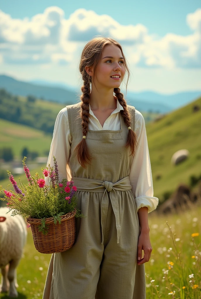 A young shepherdess dressed simply, Rustic costumes, Holding a small basket of flowers or herbs, Symbolizes her connection with nature.