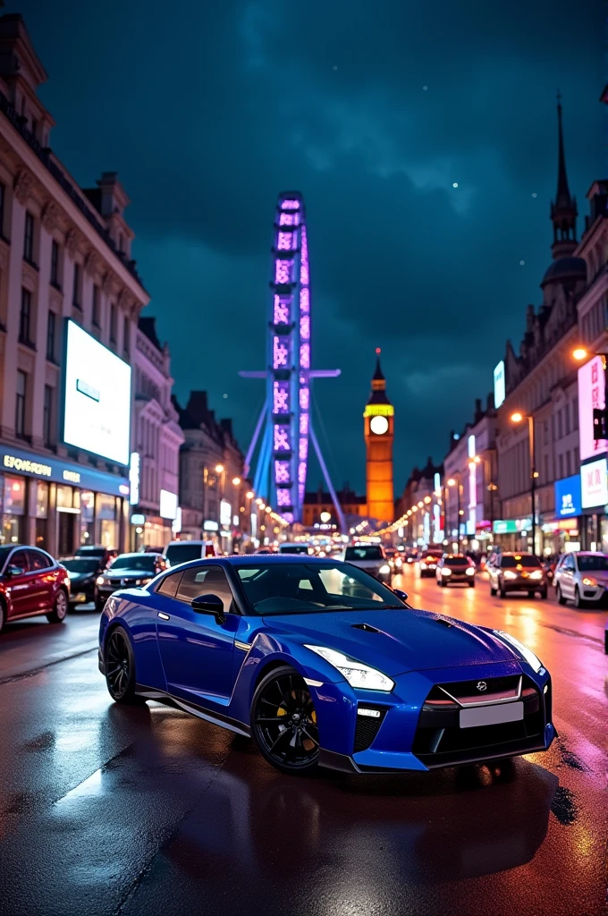 Blue Gtr r35, many cars at night in London