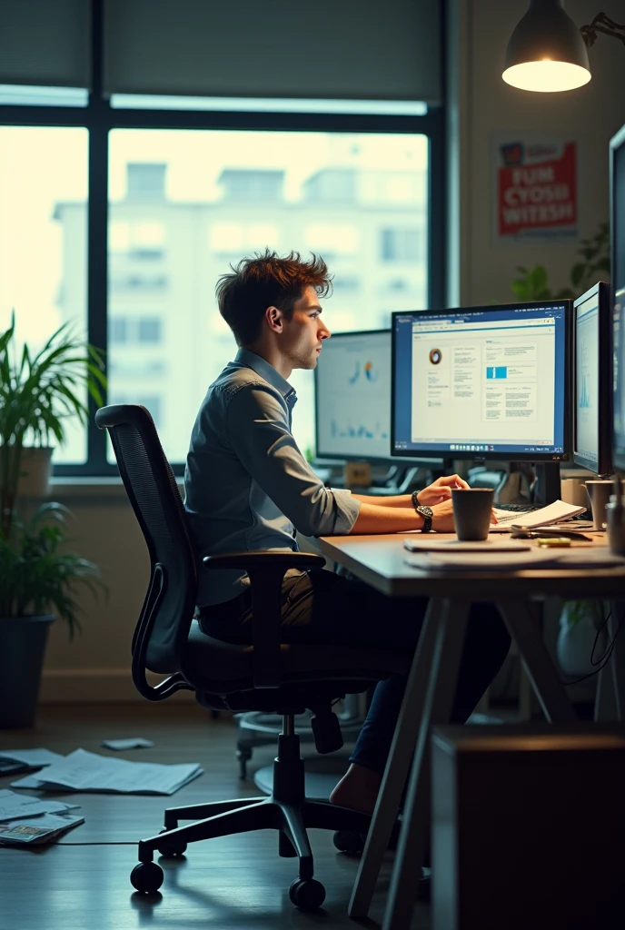 Man sitting in office but working unfocused