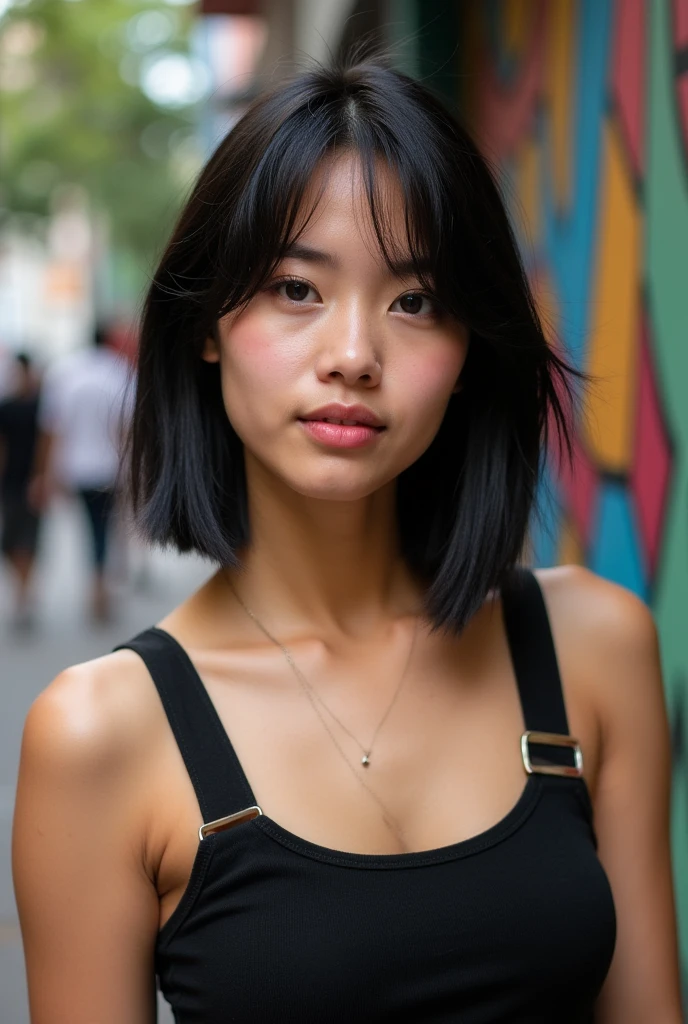 slightly tanned filipina with chinese eyes, straight short black hair up to shoulders, wearing tank top black shirt, around 20 years old