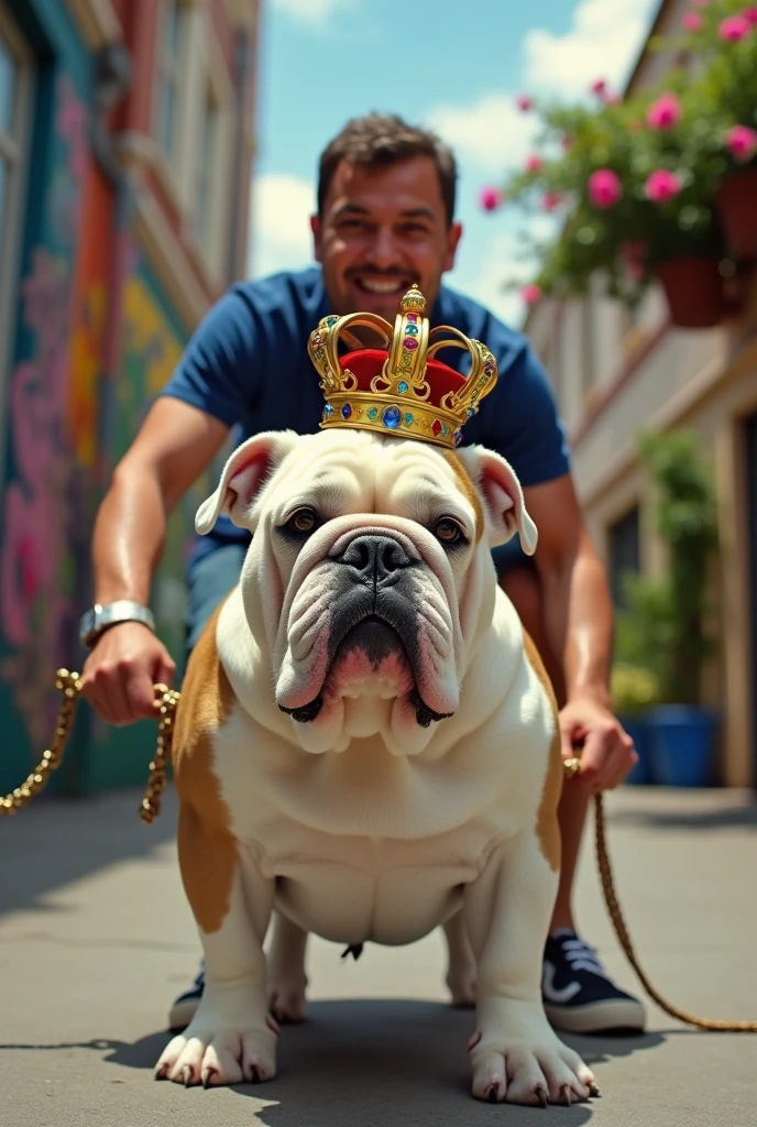 Bulldog dog with one paw forward and the other behind and wearing a crown that is tied with a leash to a man behind 